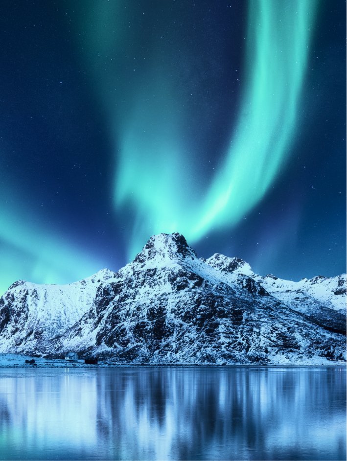 Aurora borealis over a snow mountain reflected in still water