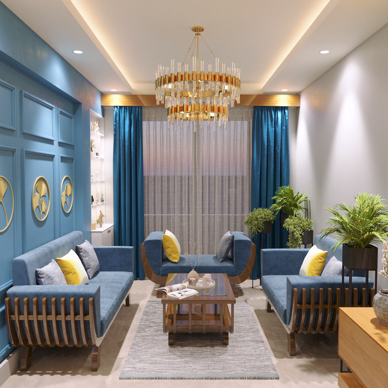 Warmly lit living room with blue sofas, timber detailing, and layered greenery