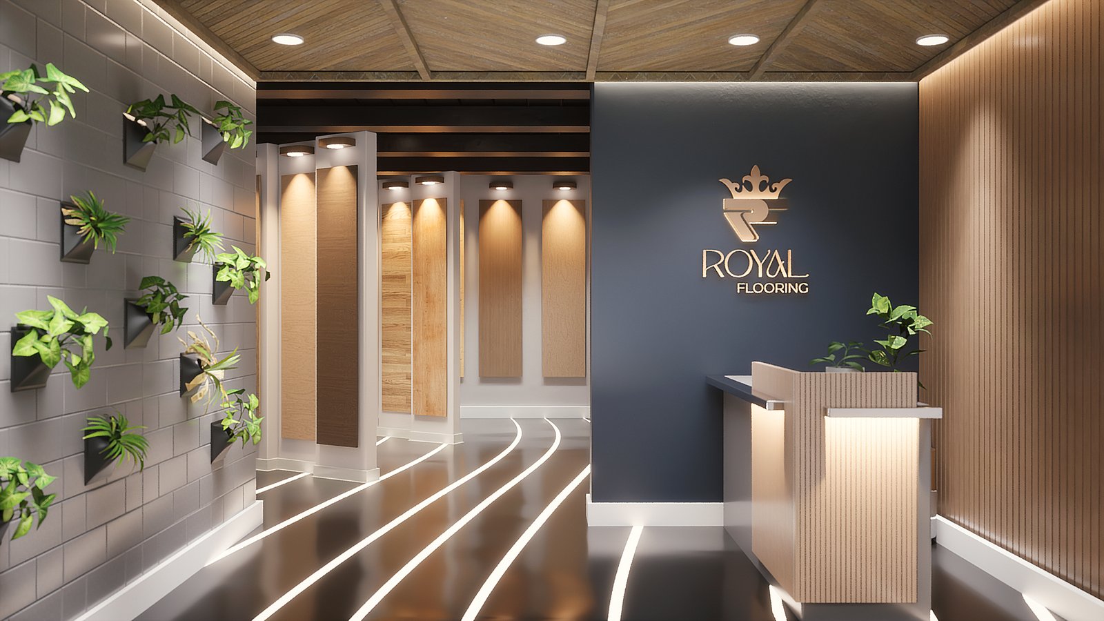 Chic brand identity — Royal Flooring crown logo on exterior signage