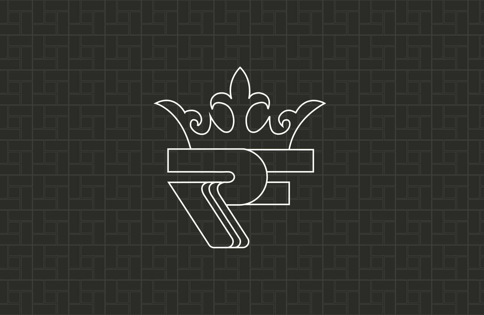 Royal Flooring crown monogram drawn in white line art on a dark tiled pattern