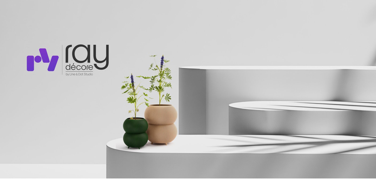 The Ray Decore website hero with planters on a clean display