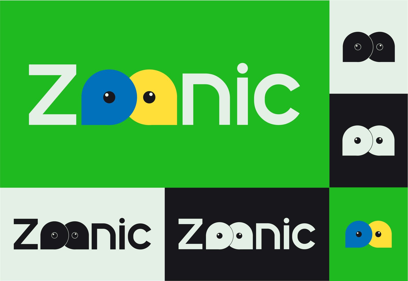 Zoonic logo system: the wordmark, the two-eye chat mark, and light and dark lockups