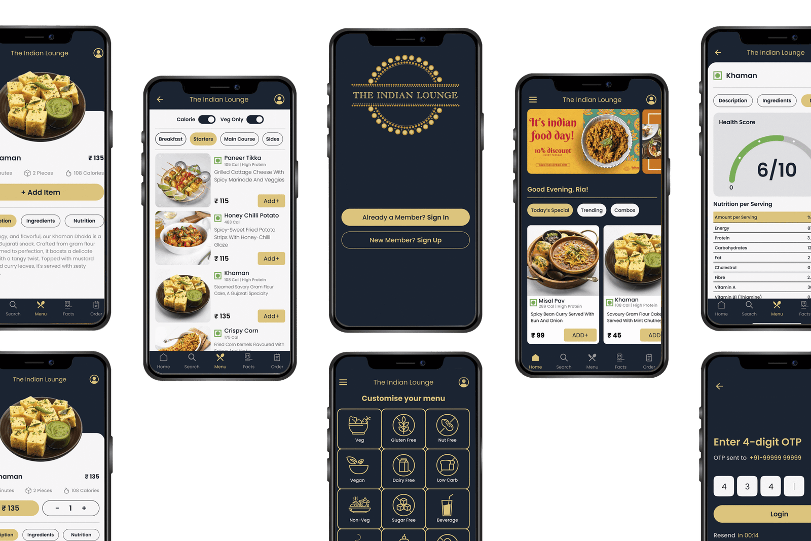 A set of Aroma app screens: sign in, menu, customization, nutrition score and order