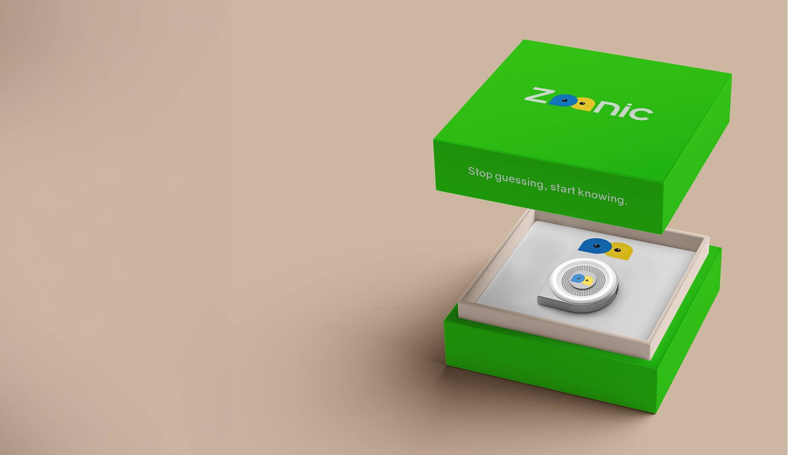 Zoonic packaging, a green box with the device inside reading Stop guessing, start knowing
