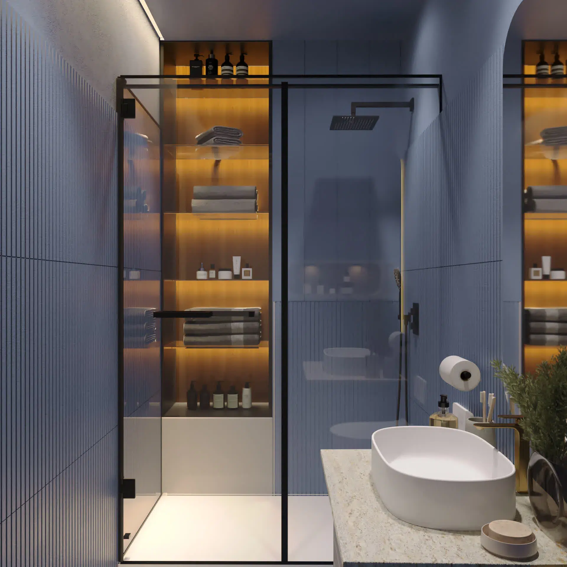 Bathroom with glass shower and backlit shelving