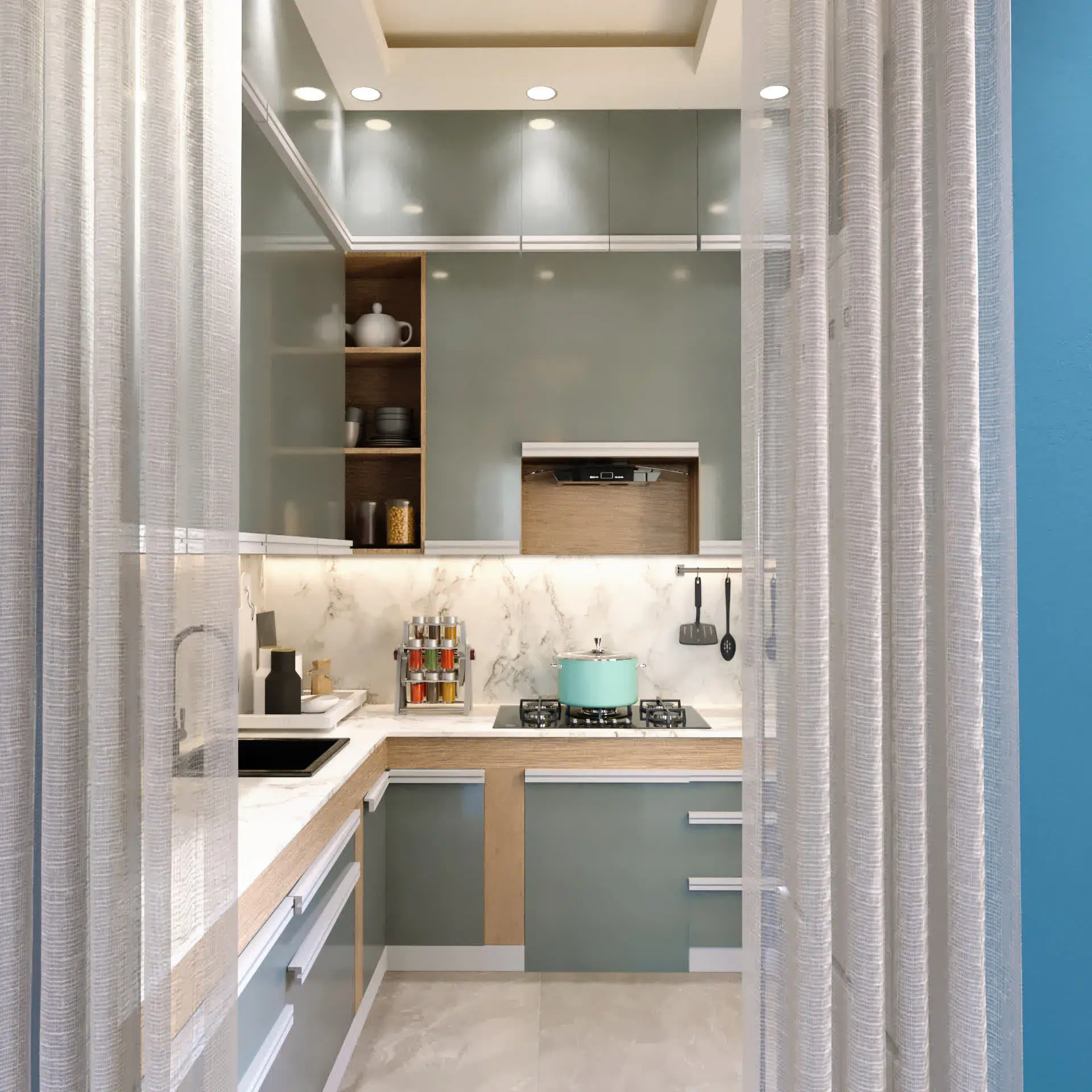 Kitchen with marble backsplash and sheer curtain