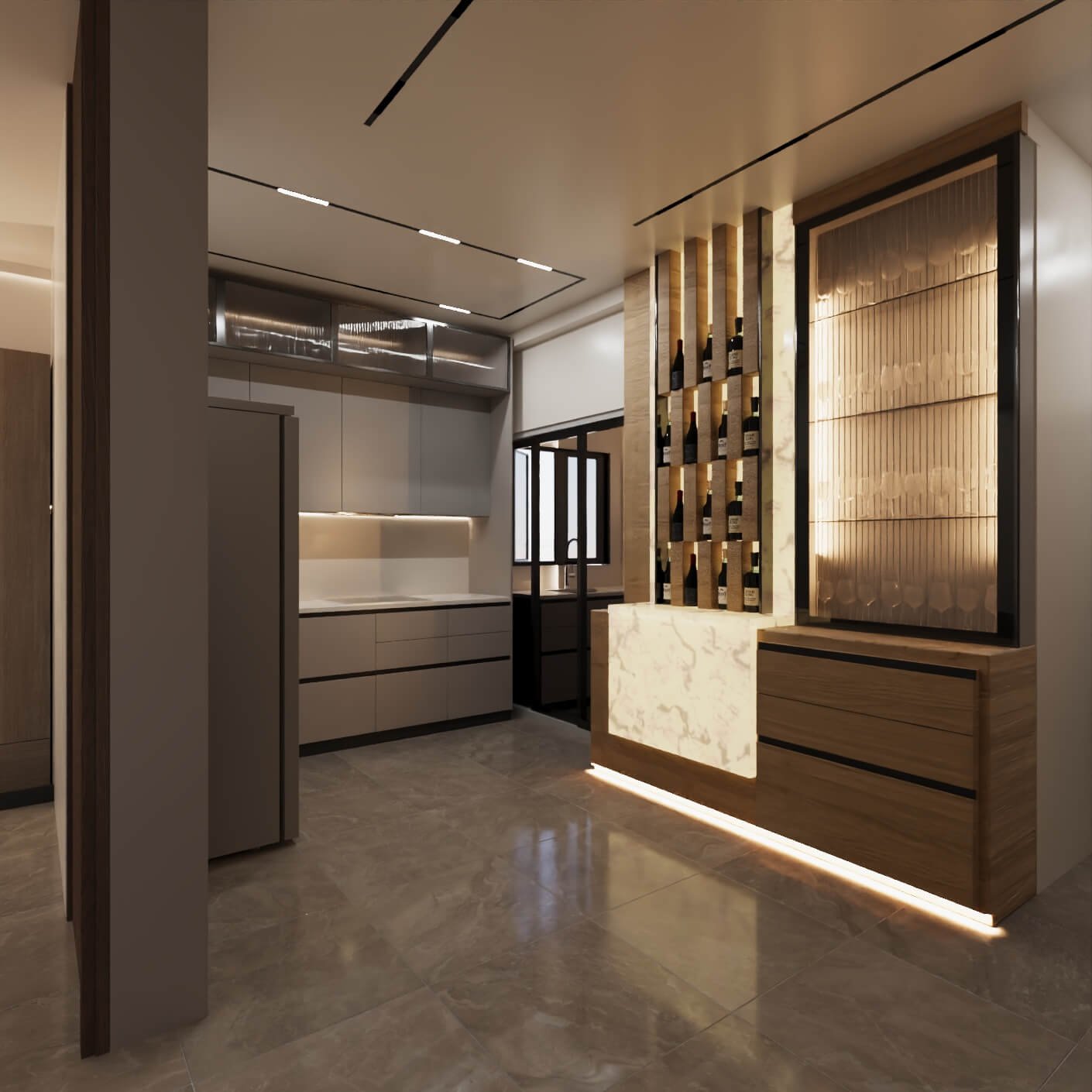Backlit bar unit with stone counter and bottle display