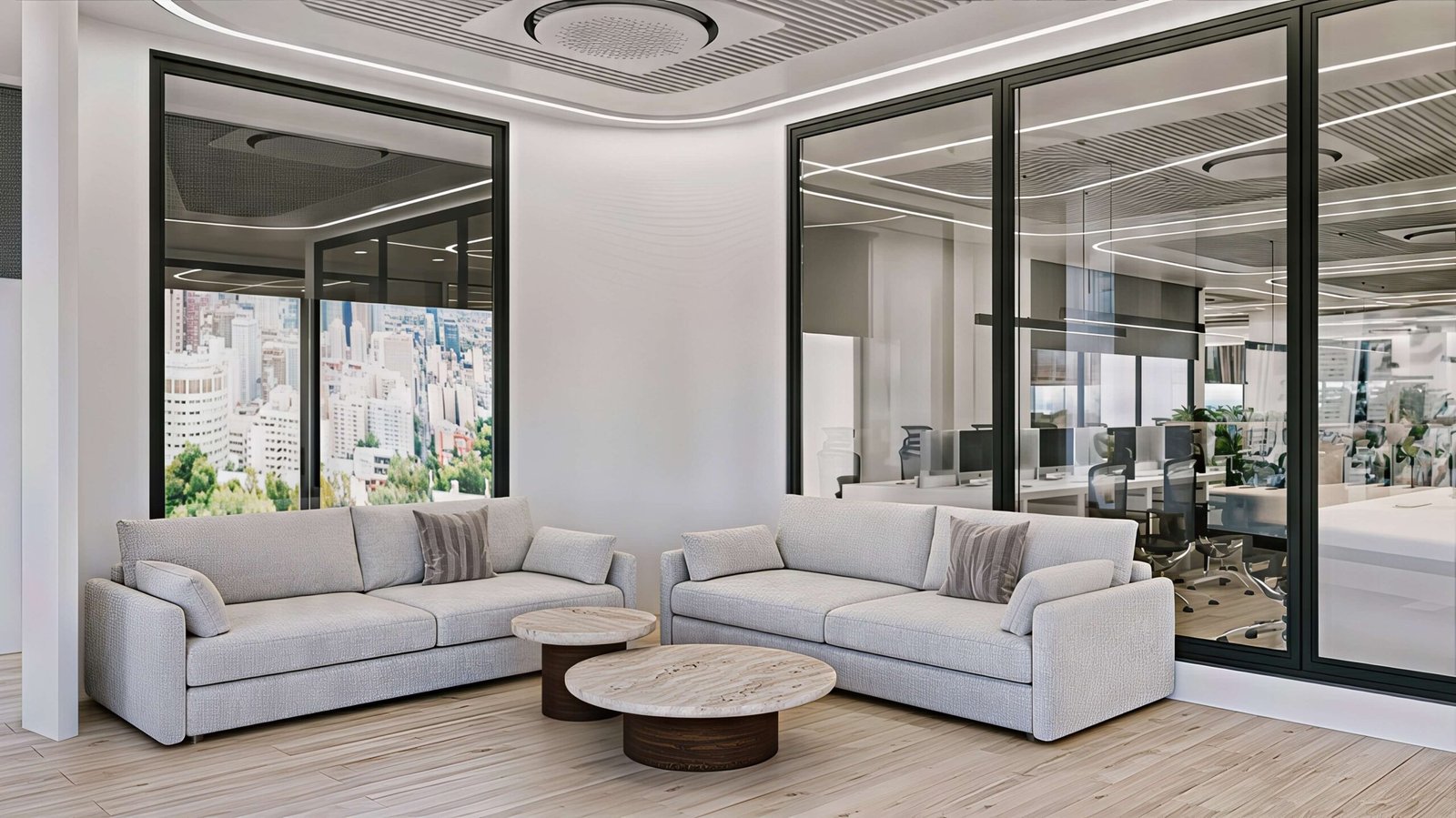 Glass & Green, breakout lounge with soft sofas and a city view