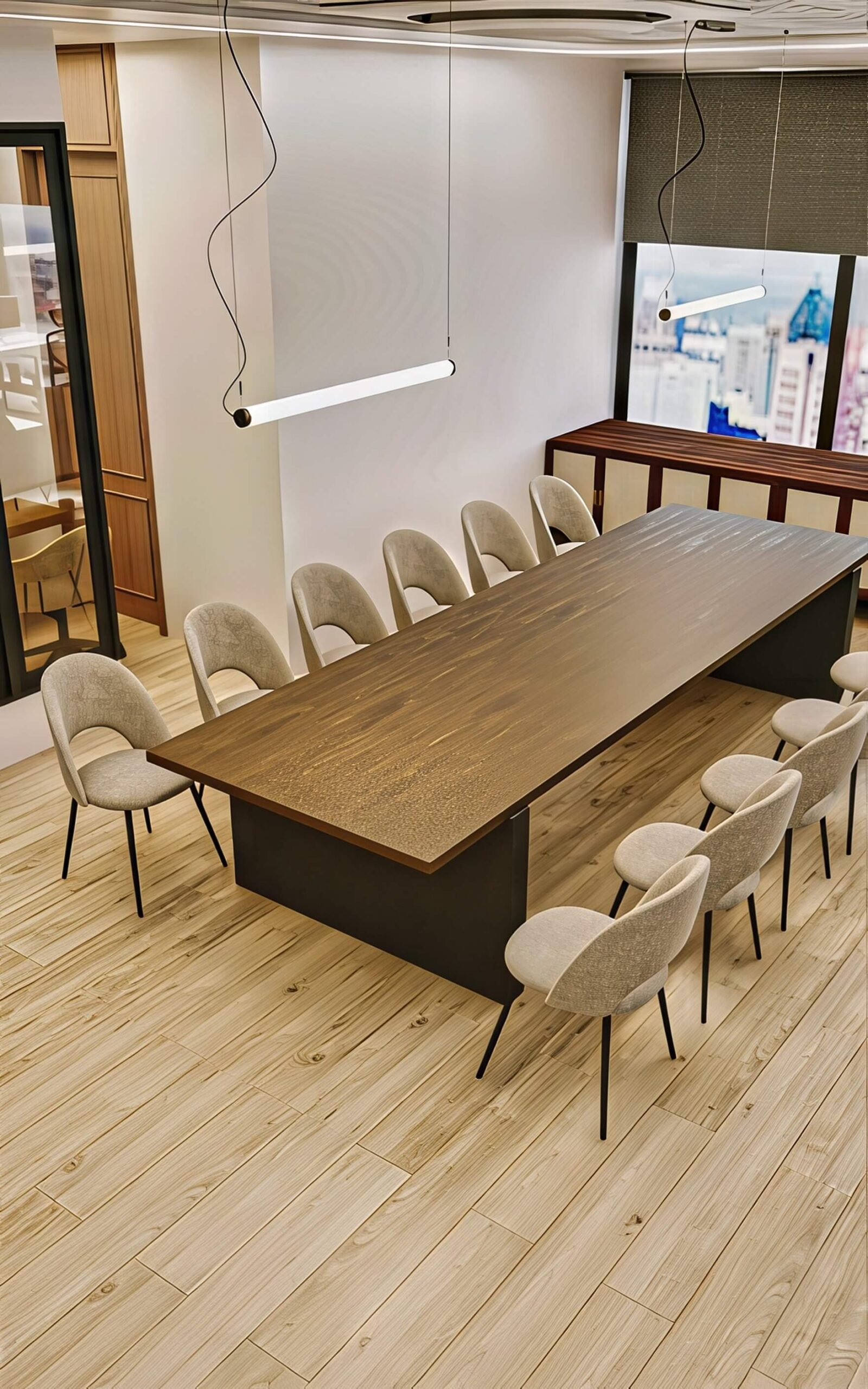 Glass & Green, boardroom with a solid walnut table and upholstered chairs