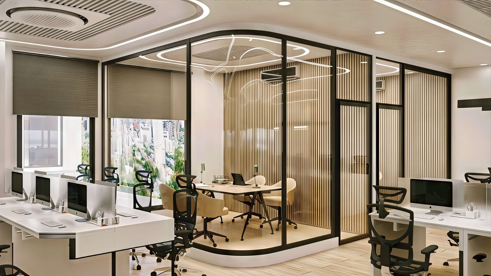 Glass & Green, glass-walled meeting pod with fluted wood and a feature ceiling light
