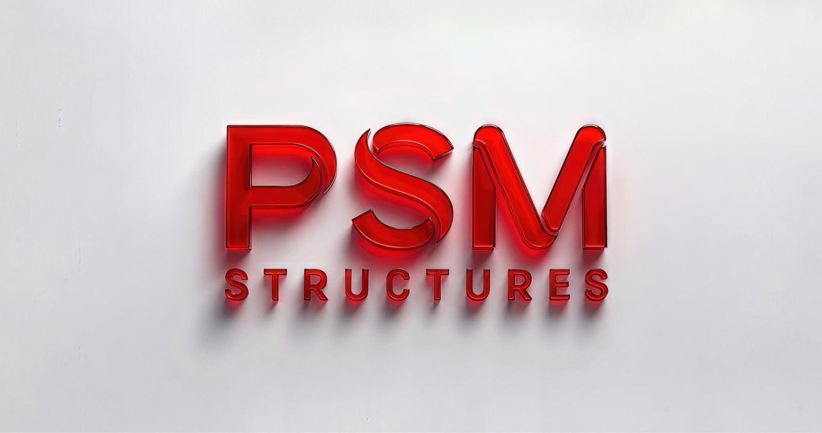 PSM Structures brand identity — glossy red 3D logotype on white