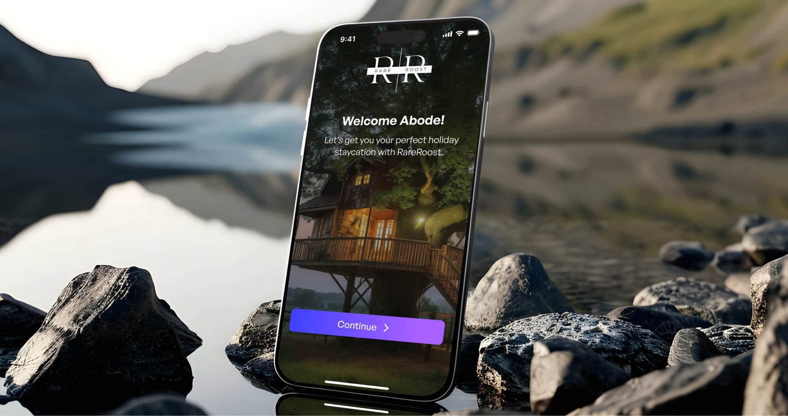 Rare Roost onboarding screen on a phone set against a mountain lake