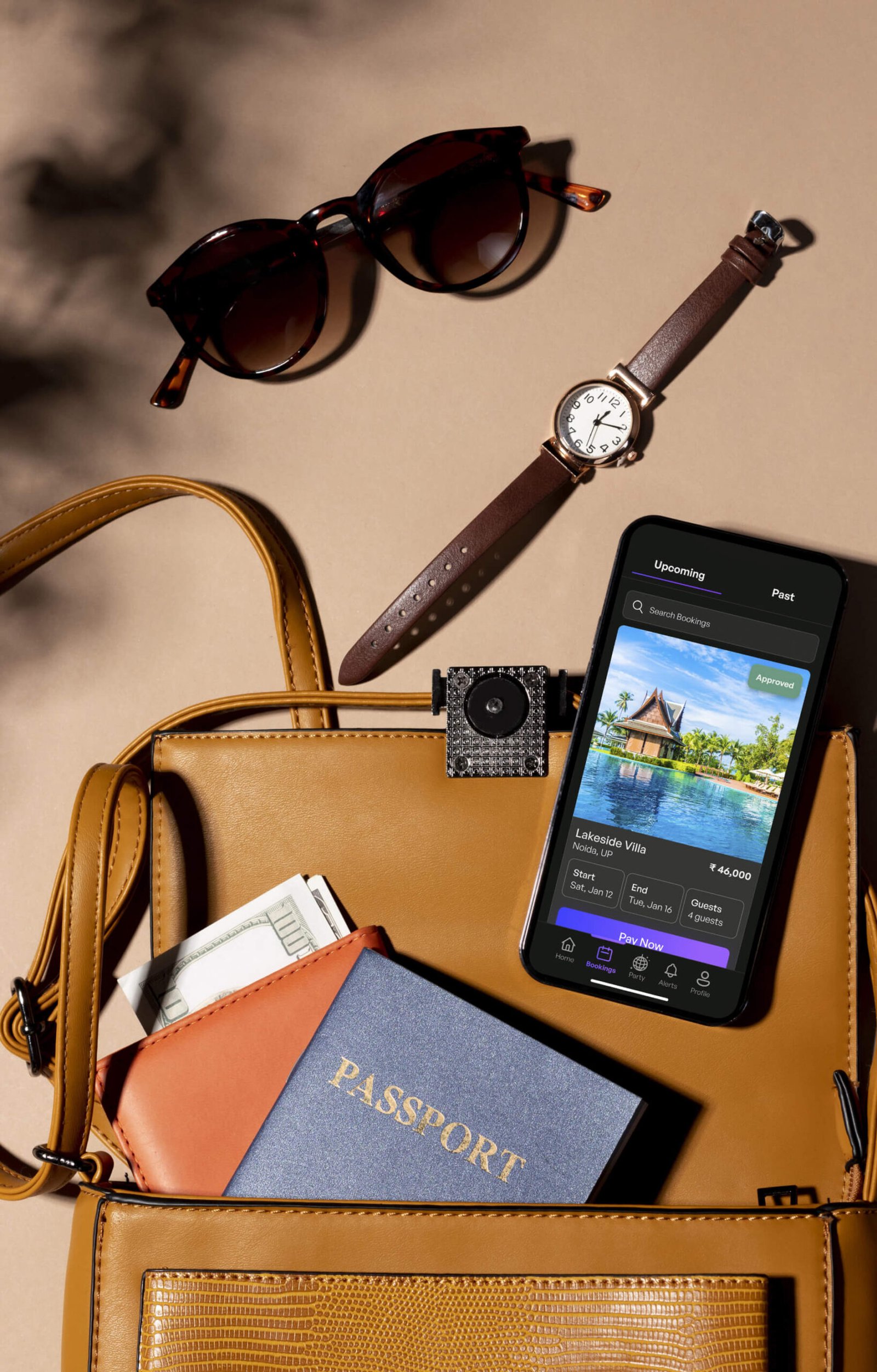 Travel flat-lay with the Rare Roost app showing a Lakeside Villa booking