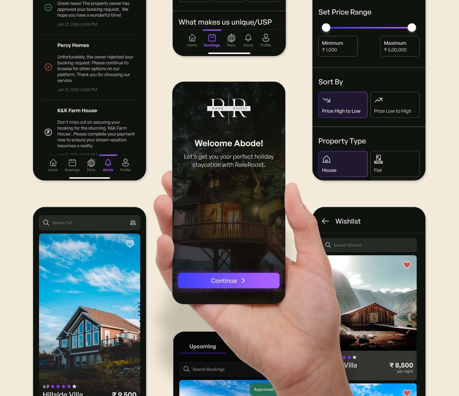 A set of Rare Roost app screens: onboarding, filters, listings and wishlist