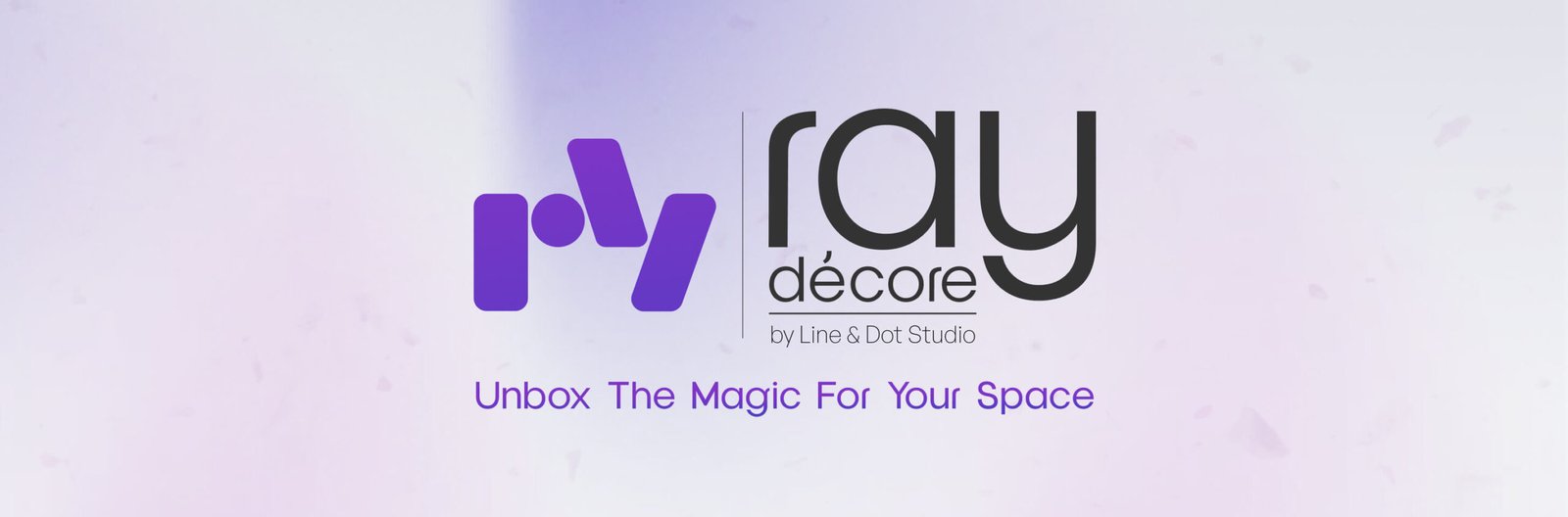Ray Decore brand banner with the logo and the line Unbox The Magic For Your Space on a soft purple wash