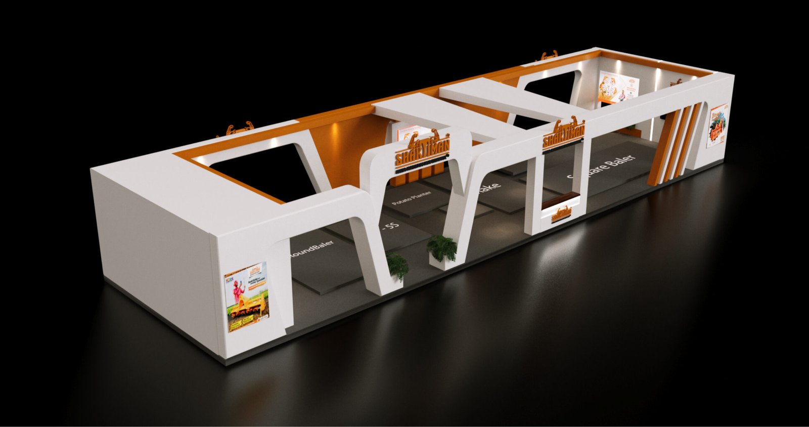 A long open Shaktimaan pavilion stall seen down its length, a curved white frame opening onto the product walls inside