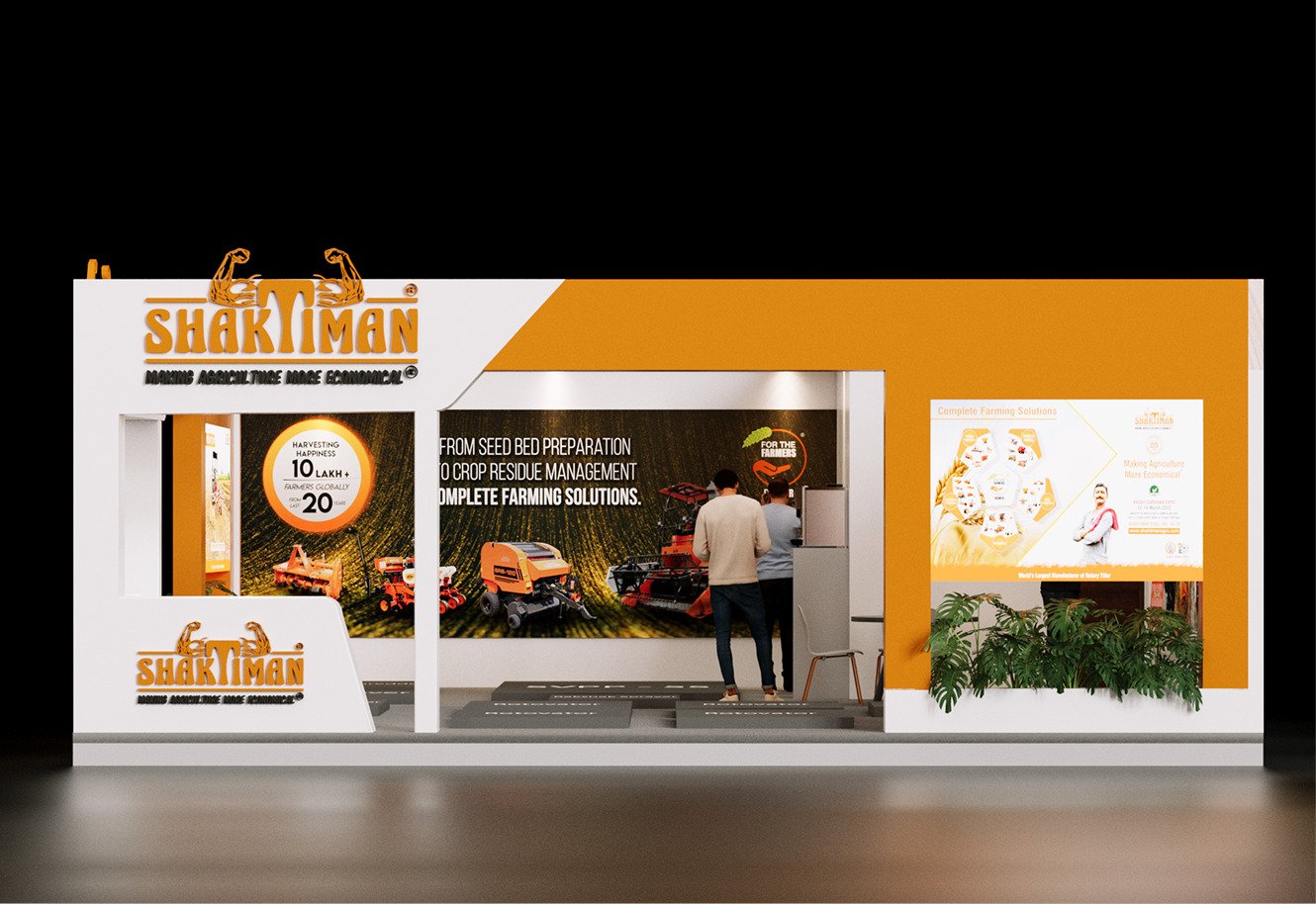 One Shaktimaan stall front up close, backlit product posters and screens under the logo