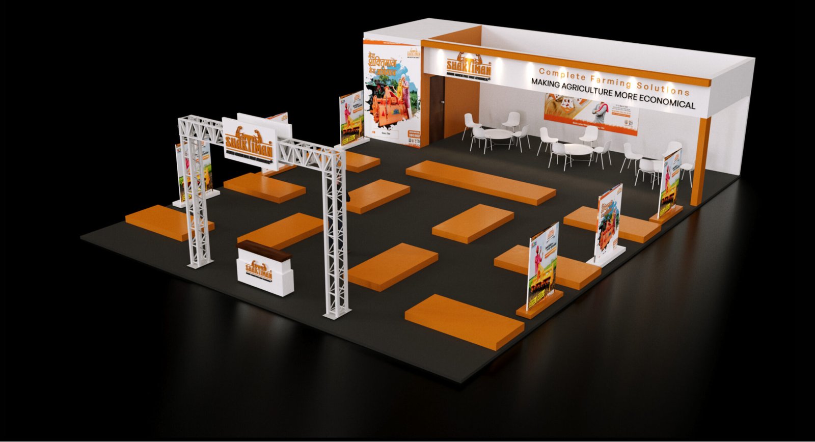 A larger Shaktimaan stall with a truss gateway carrying the logo and a seated lounge headed Making Agriculture More Economical
