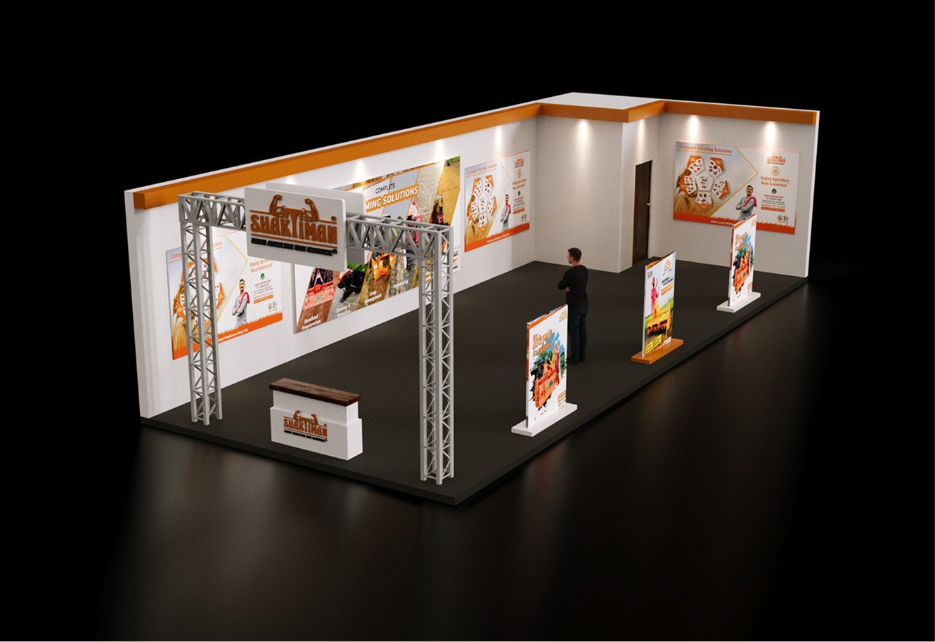 A stall with a long lit gallery wall of posters guiding visitors through the brand's range