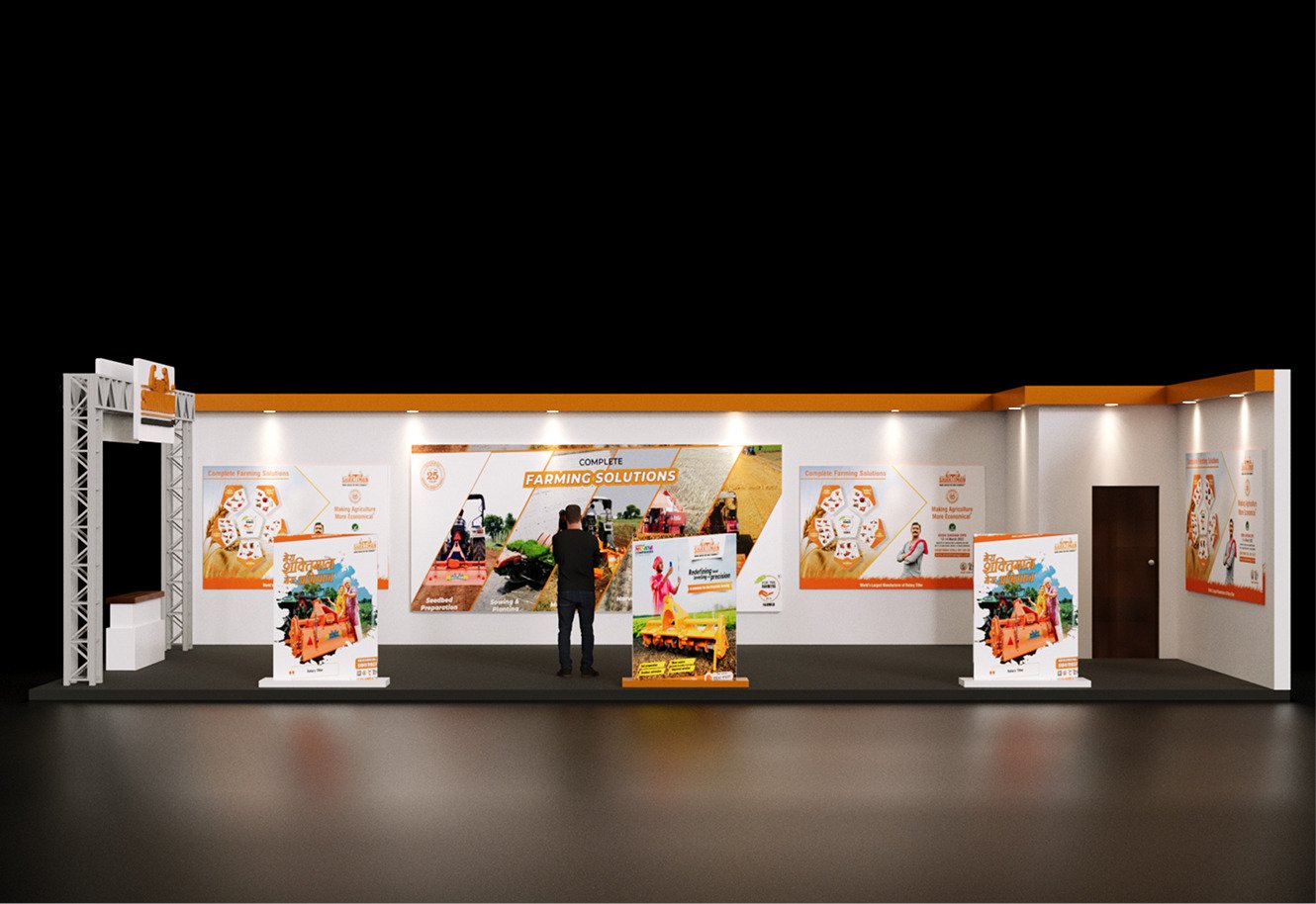 A corner stall with product displays and a reception desk under warm overhead light
