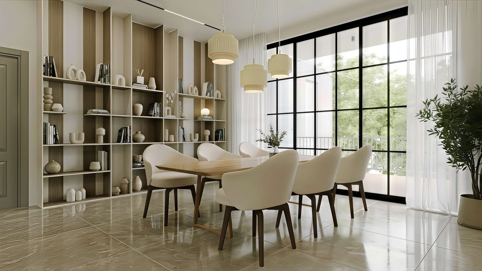 Silver Mist Villa, dining area with pendant lights and display shelving