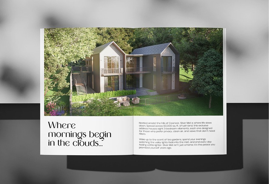 An open spread, a home in the woods with the line Where mornings begin in the clouds
