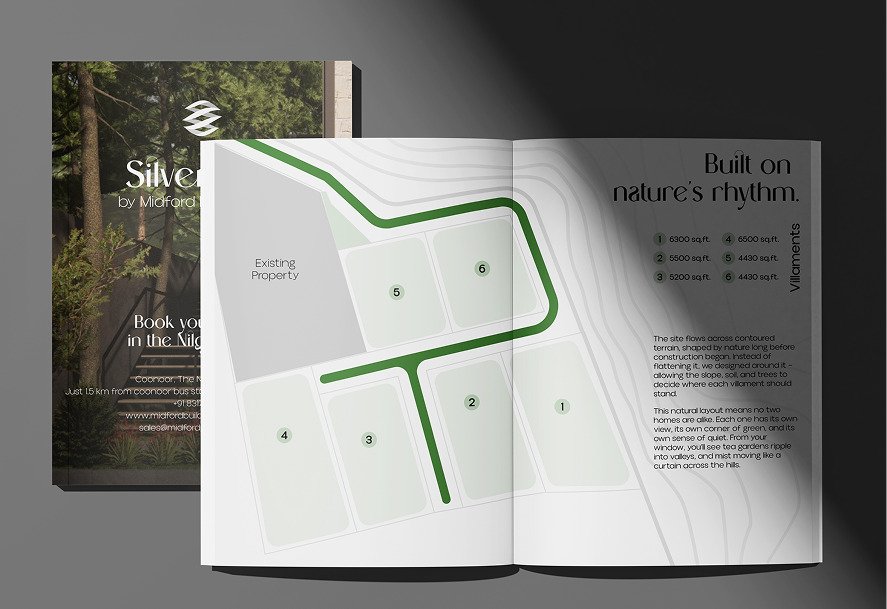 A spread showing the site plan drawn in thin green linework, Built on nature's rhythm
