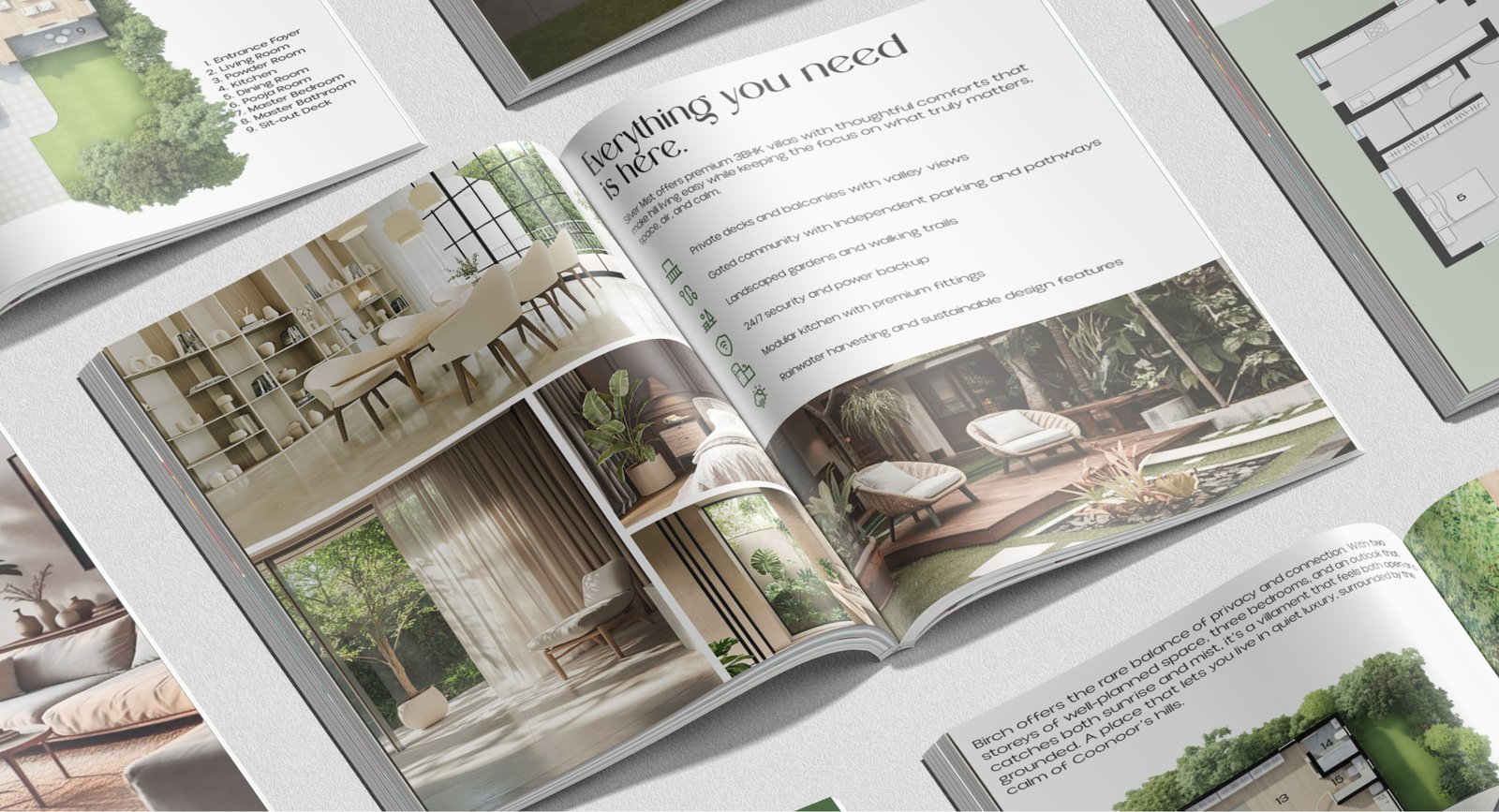 An open interior spread of the Silver Mist brochure laid flat, headed Nothing you need is far