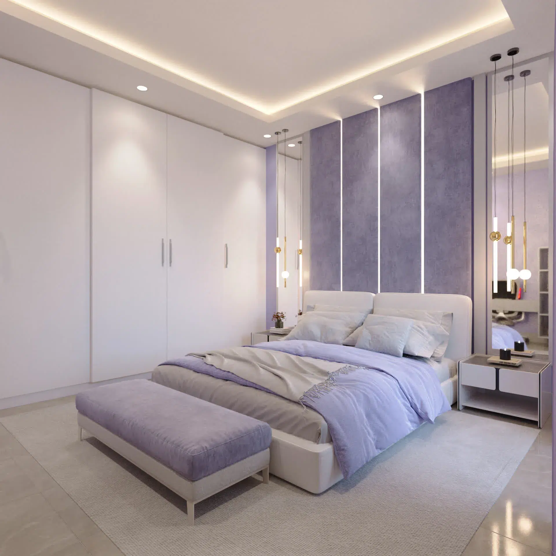 Bedroom with lilac drapes and upholstered bench