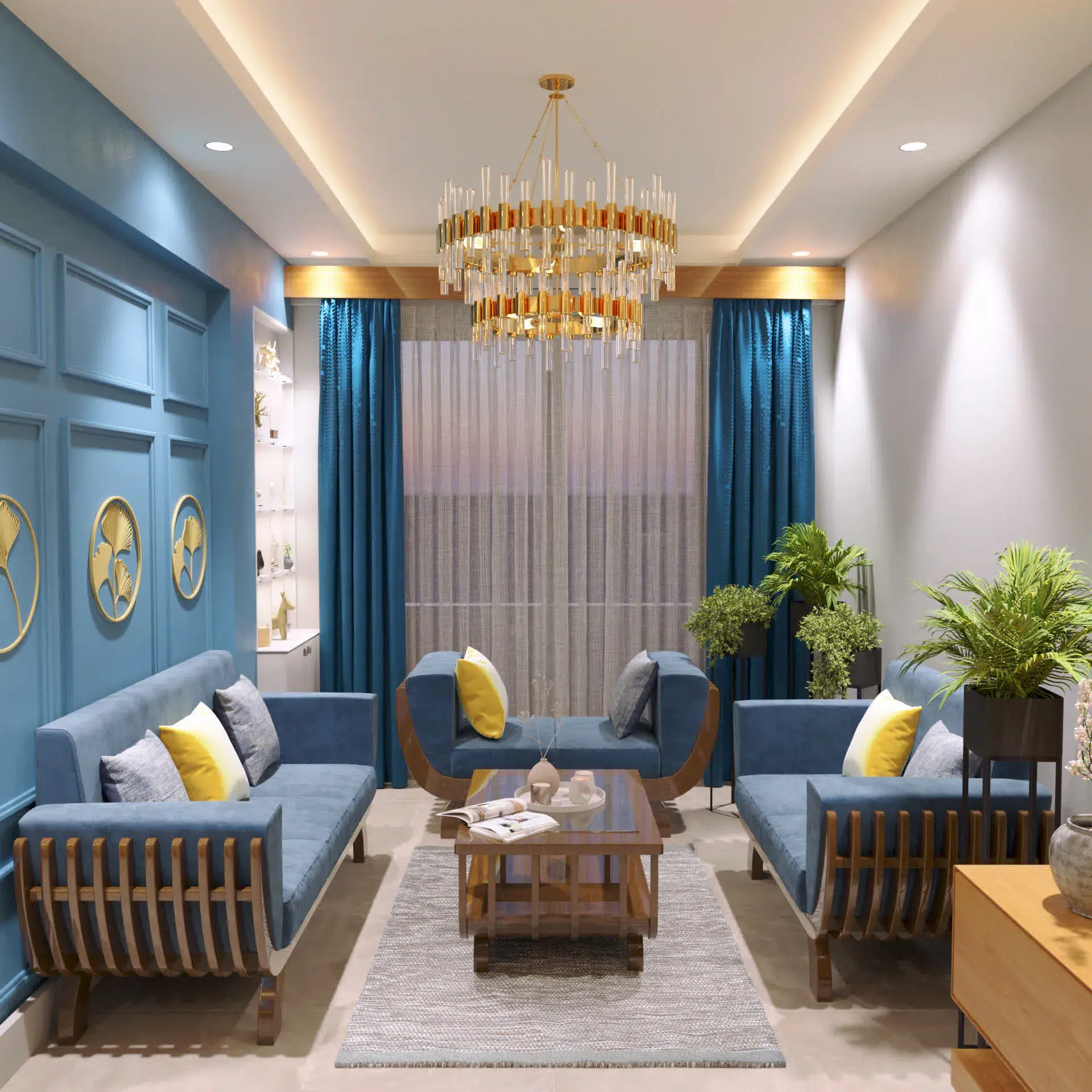 Shades project, living room with blue sofas and yellow accent cushions