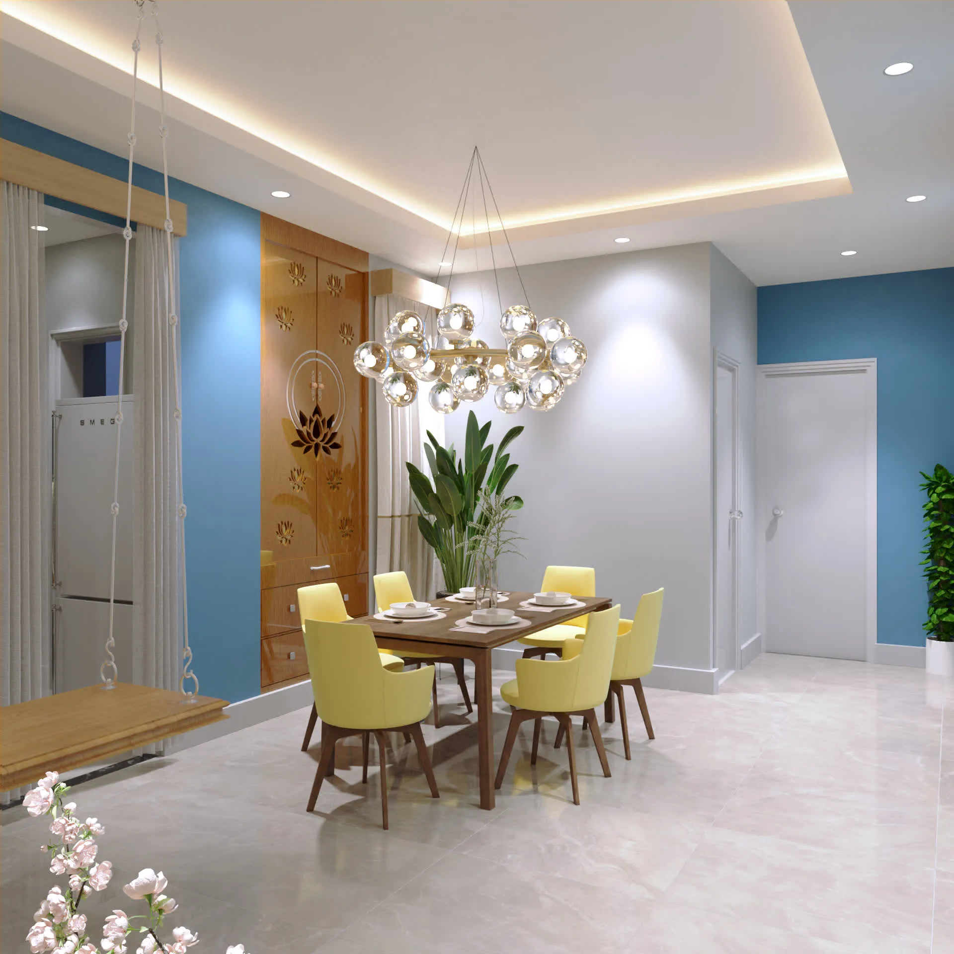Dining area with yellow chairs and pendant lighting