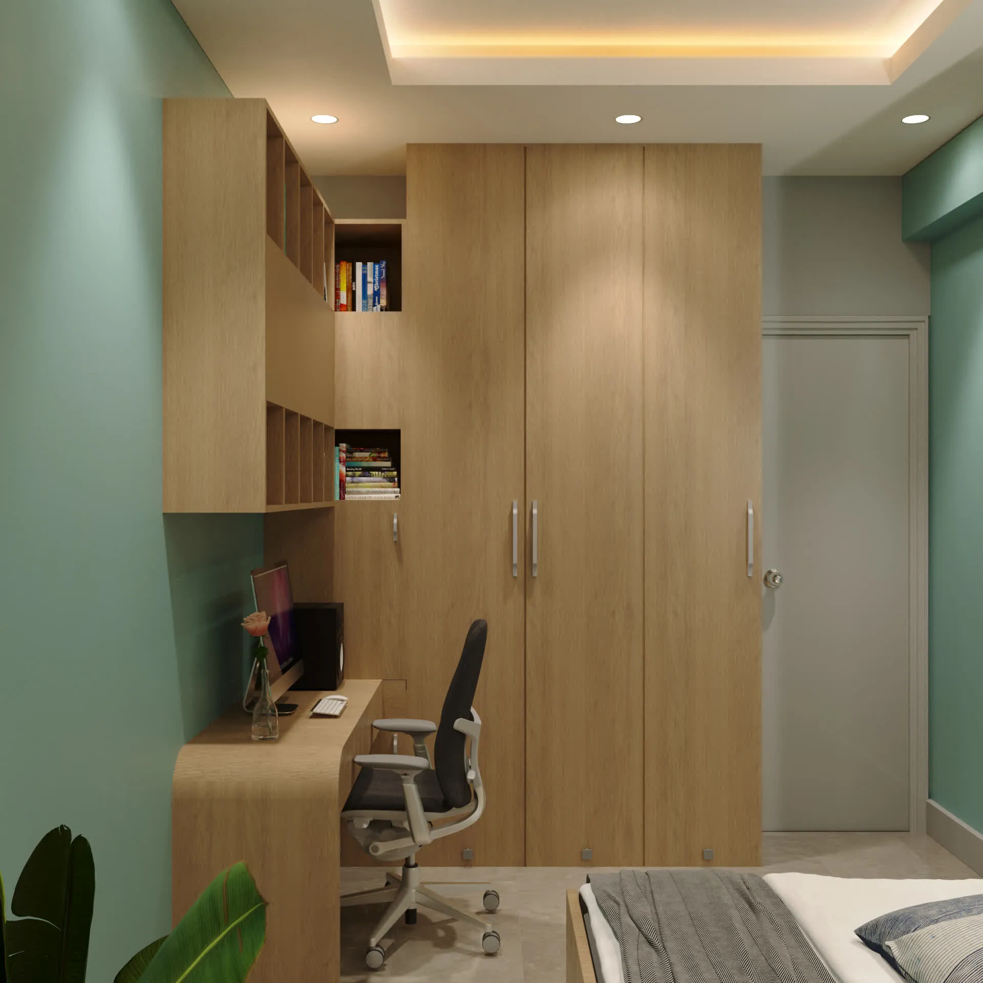 Home office with teal wall and task chair