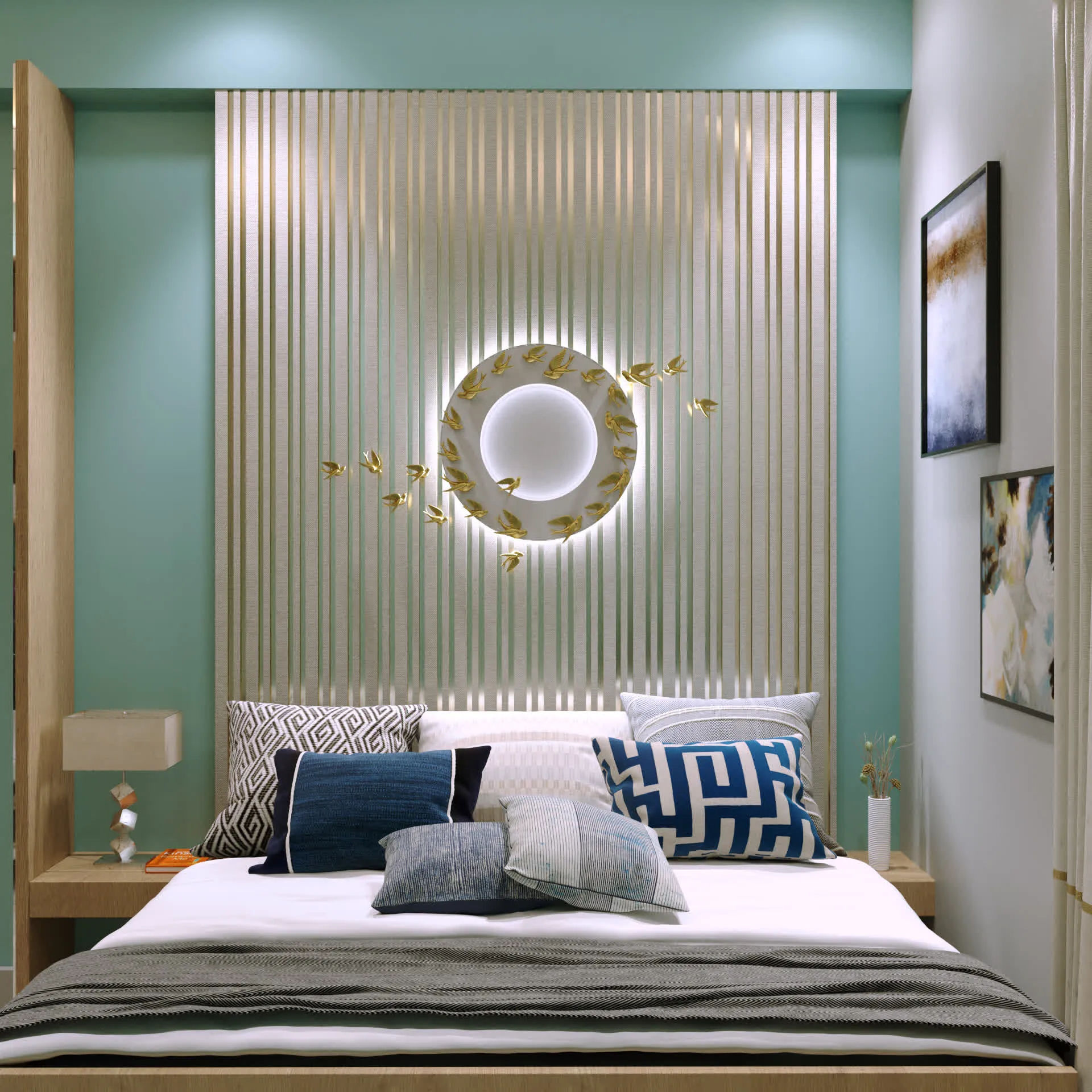 Bedroom with circular wall light and patterned cushions