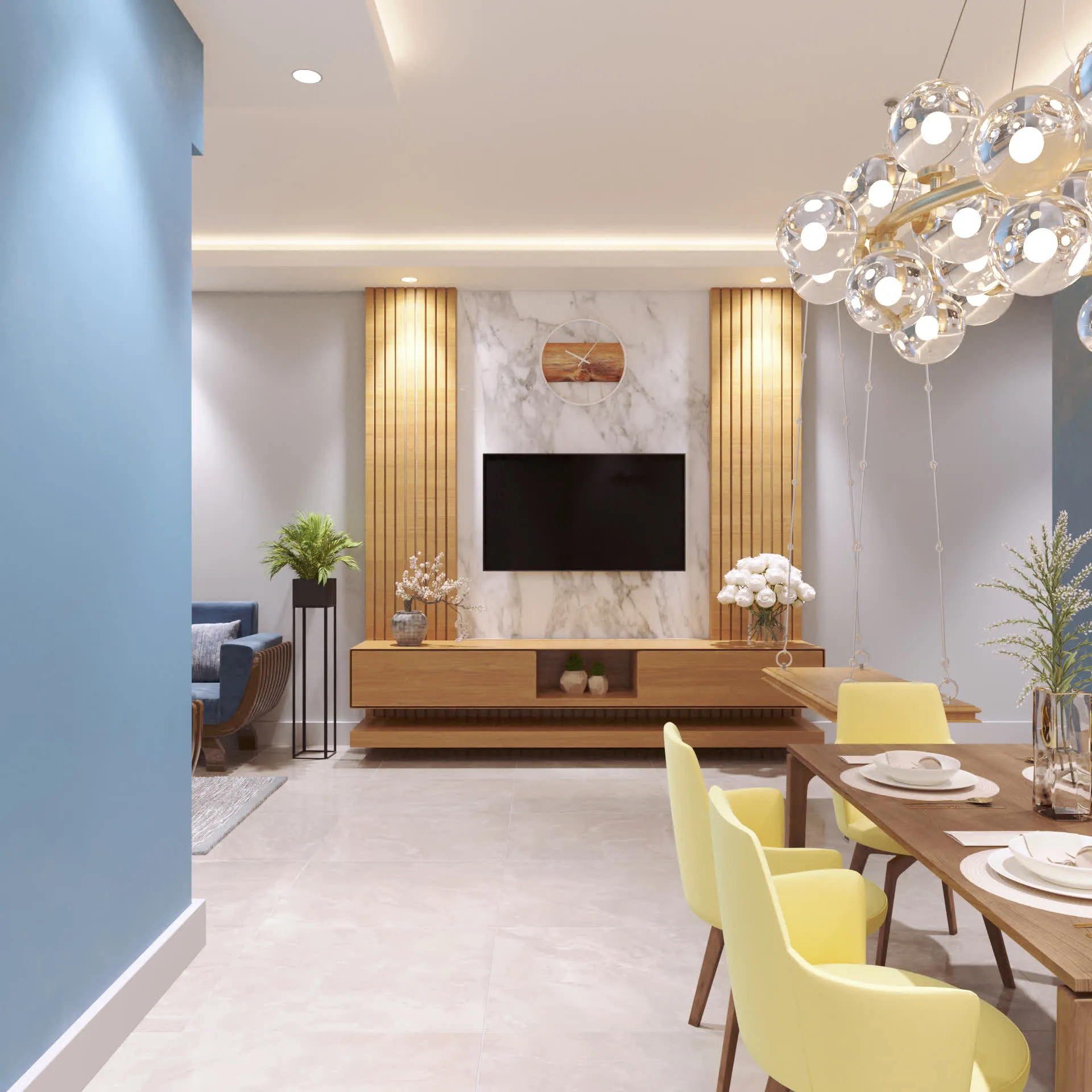 Living room with TV unit and cove lighting