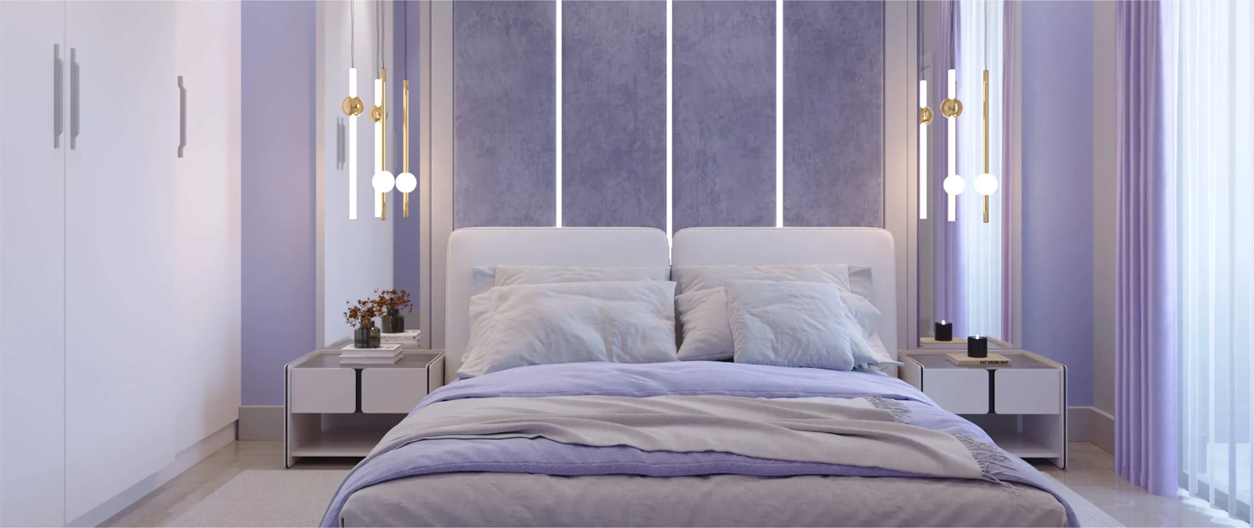 Shades project, master bedroom interior render in lilac and blue