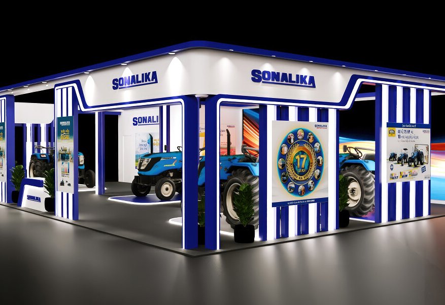 A render of the Sonalika stand, tractors lined along a lit blue and white frame under the brand signage