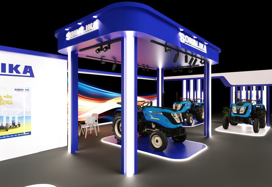 A close render of the canopy, tractors on raised platforms against a streaked light backdrop