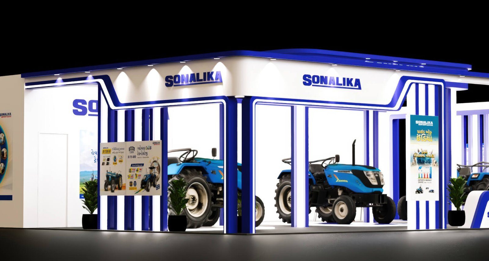 A front view of the Sonalika stand, two blue tractors in open bays under the brand signage