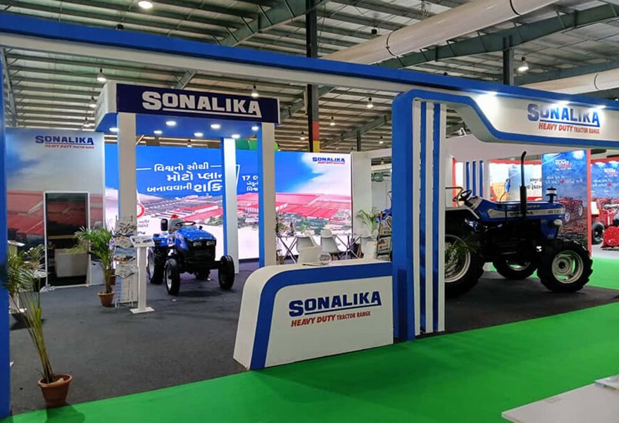 The built Sonalika stand at the expo, the heavy duty tractor range under the main fascia
