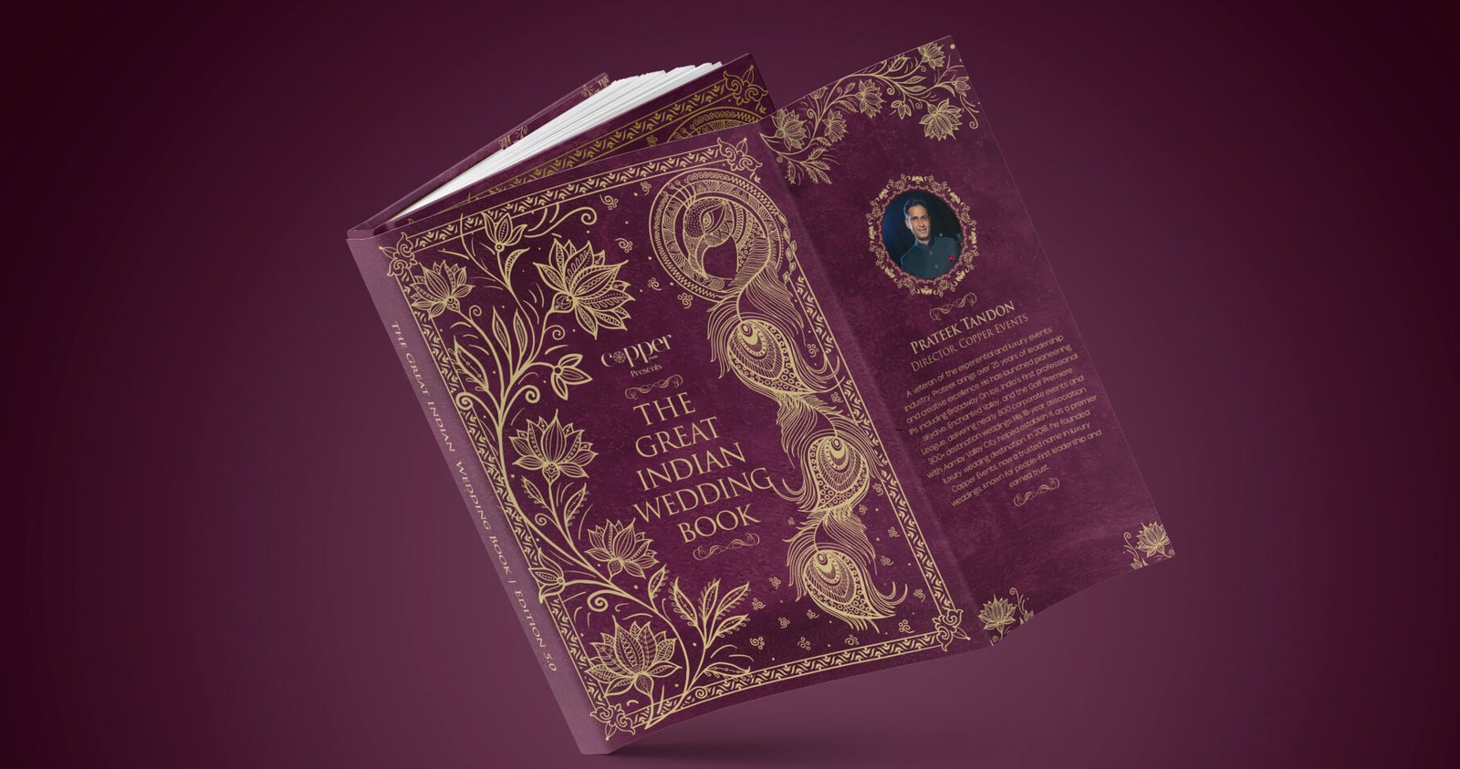 The Great Indian Wedding Book with its gold-and-maroon floral dust jacket wrapped around it