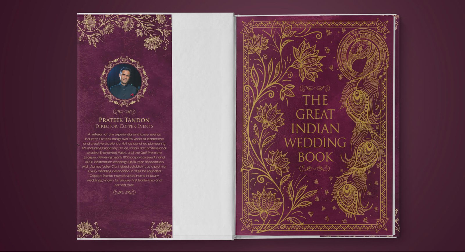The front cover standing upright with the dust jacket flap folded open to show the inside
