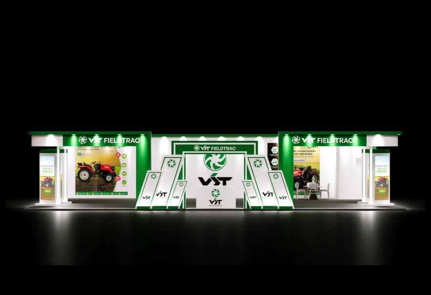 A VST stall front with lit product walls and the Fieldtrac name across the fascia