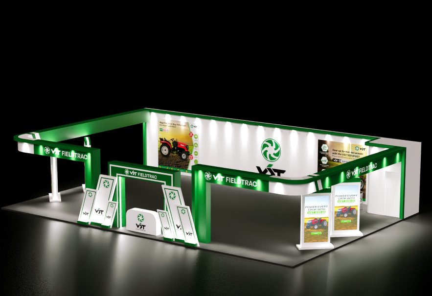 A larger VST stand with a meeting bay beside walls of tractor displays