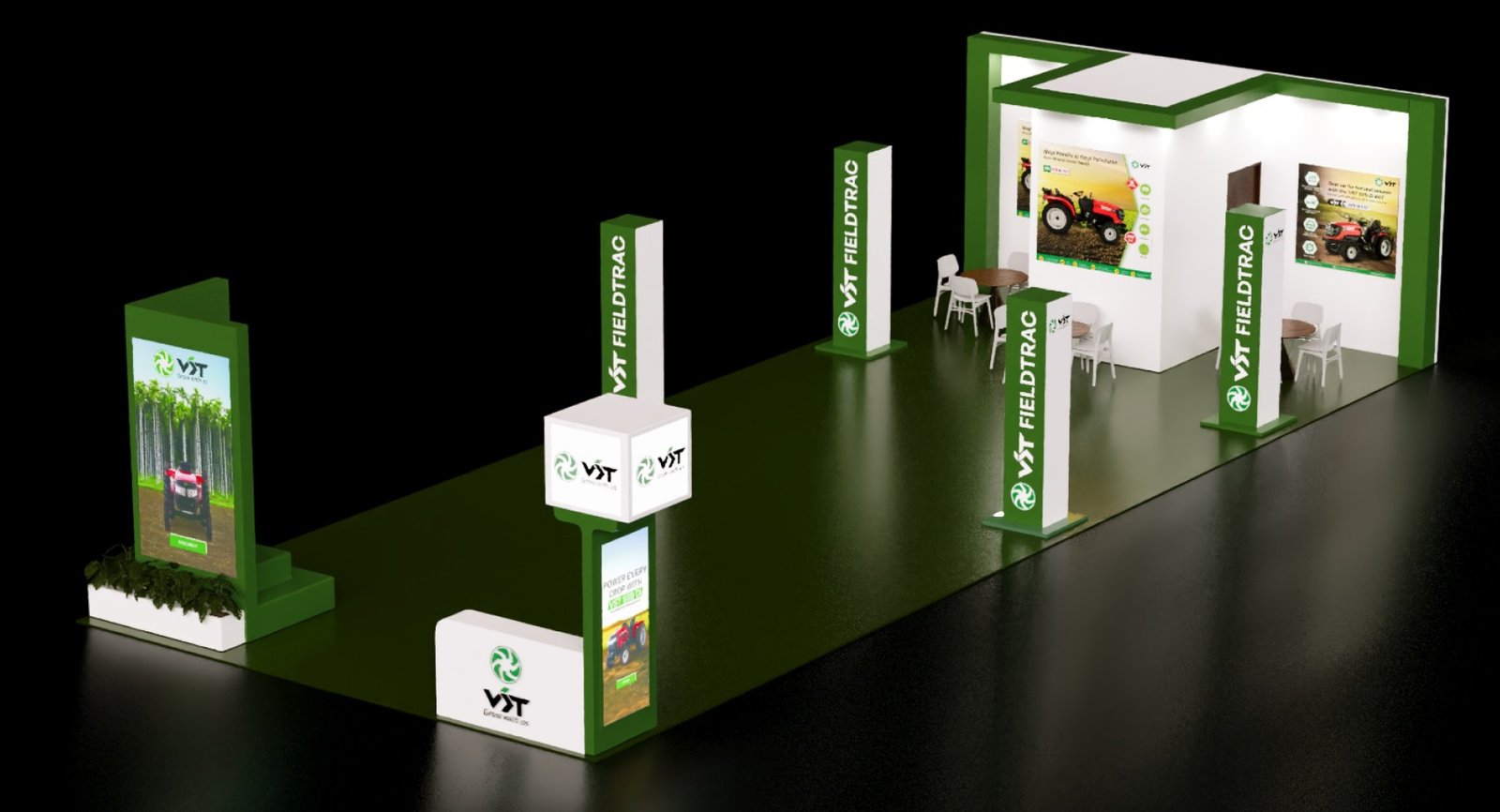 A long VST stall lined with branded totems and a cube tower, tractors set along an open green walkway