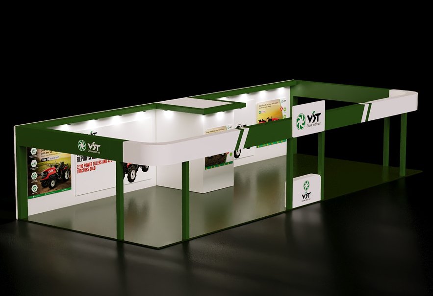 A long VST stand with a raised tractor platform under a wall of Fieldtrac product panels
