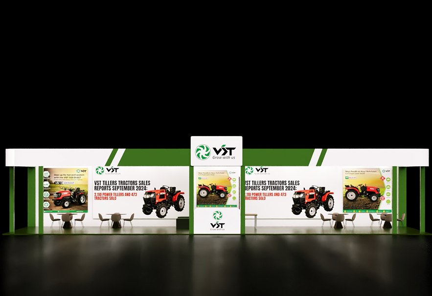 A VST stand with tractors lined up in front of a tall central VST tower