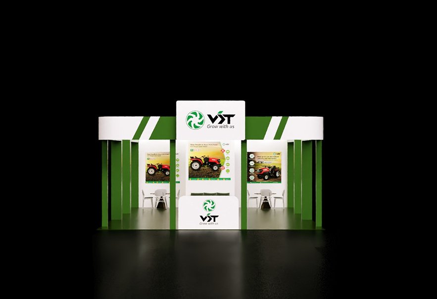 A compact VST booth with three tractors below a central VST sign and lit product walls