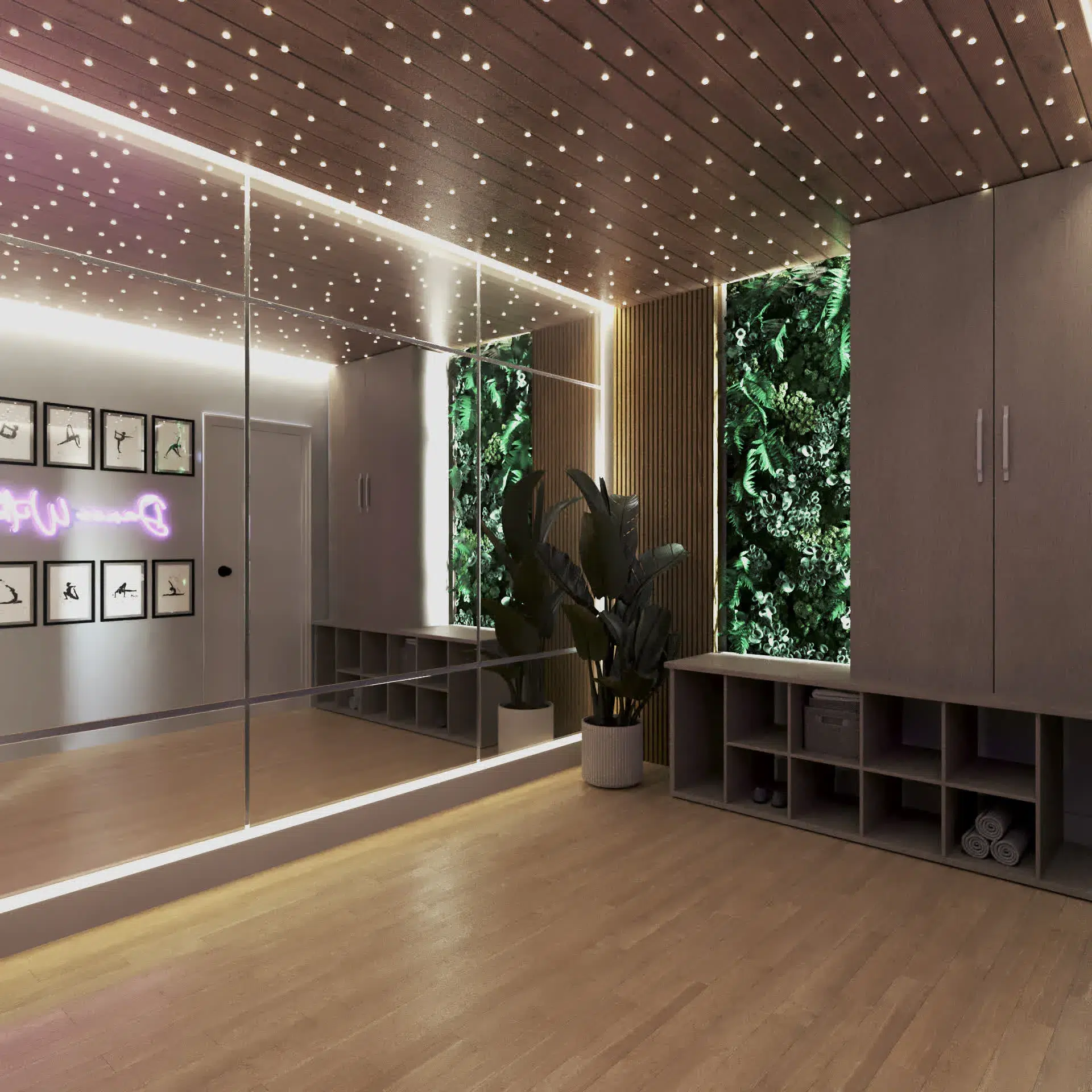Entry console with gallery wall and vertical garden