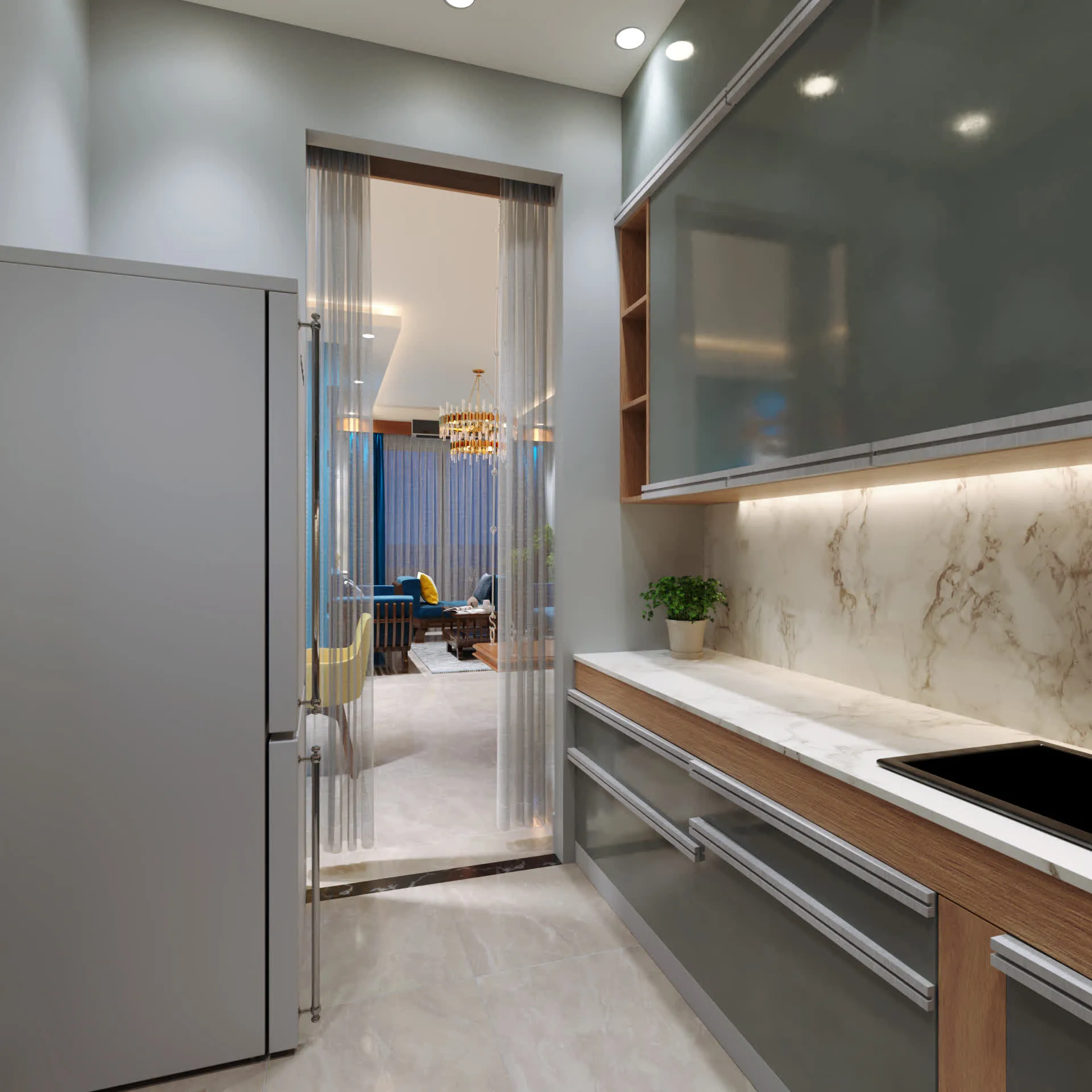 Kitchen pass-through with marble panel detail