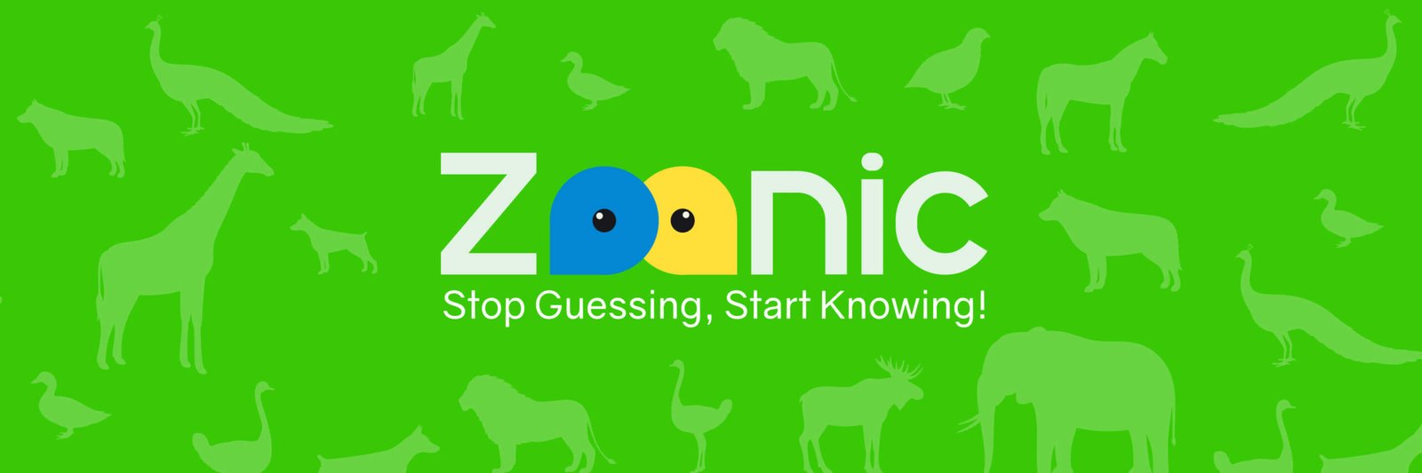 Zoonic brand banner: the wordmark with its two chat-bubble eyes and the line Stop Guessing, Start Knowing, set on a green animal-silhouette pattern